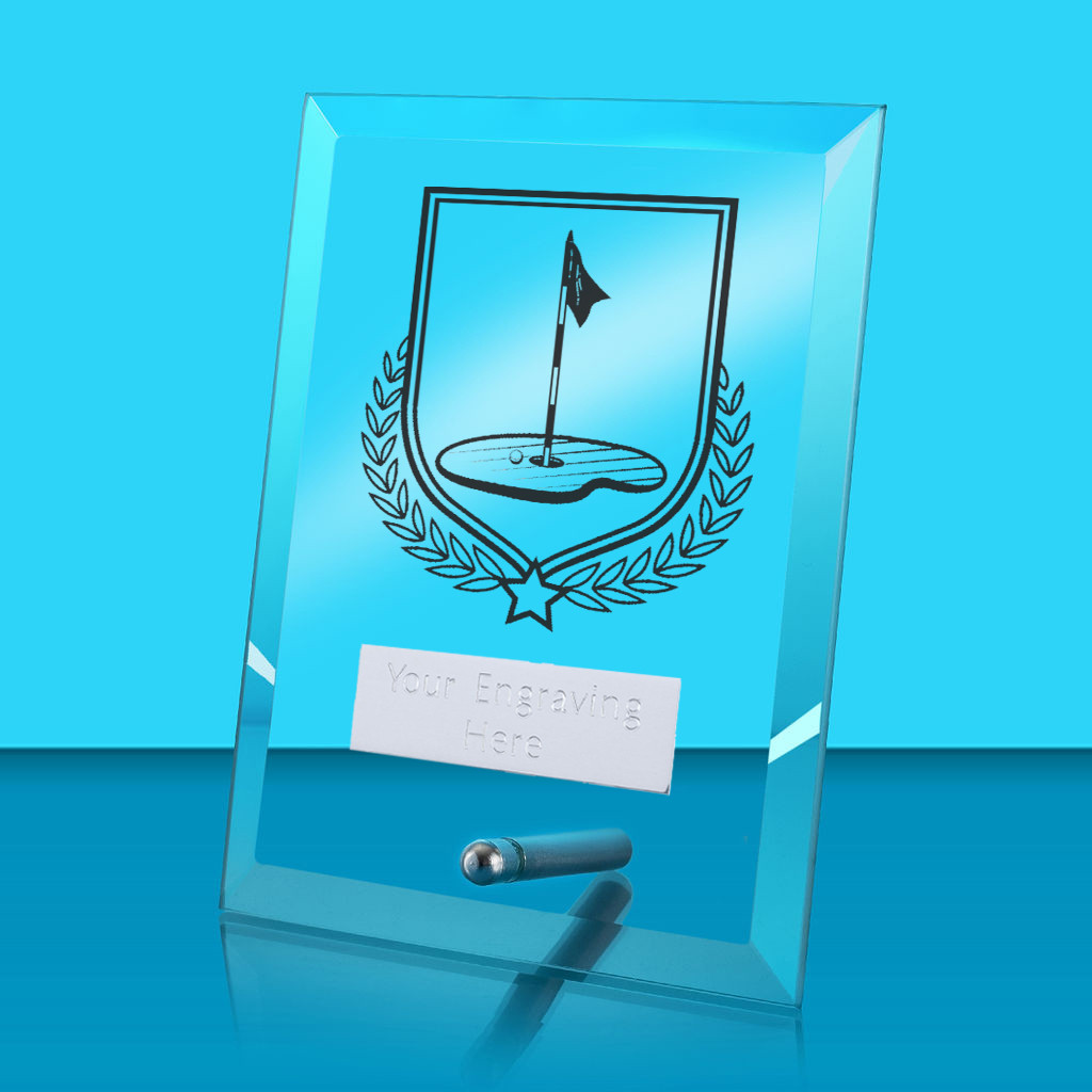 UV Colour Printed Golf Glass Rectangle Award with Metal Pin