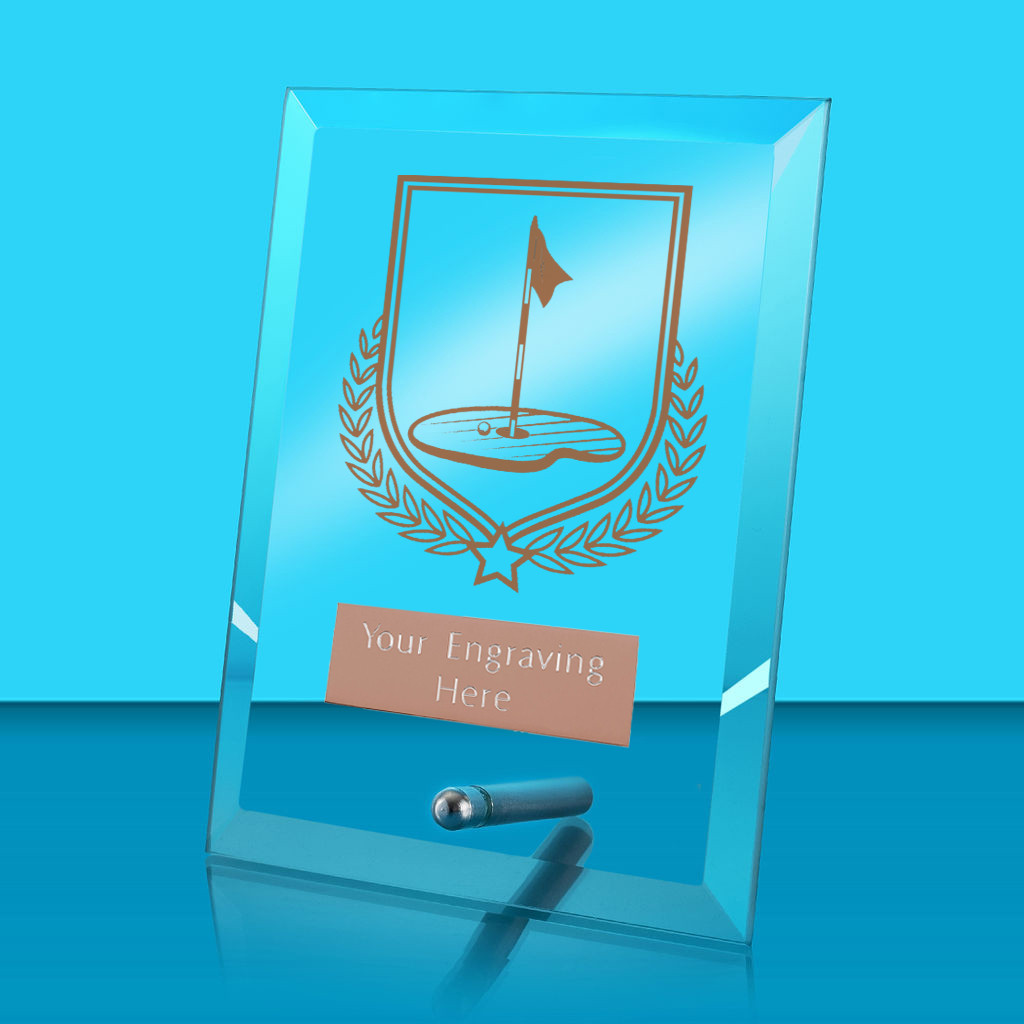 UV Colour Printed Golf Glass Rectangle Award with Metal Pin