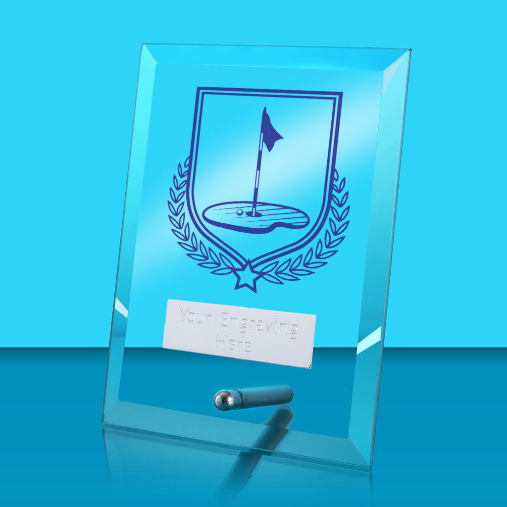 UV Colour Printed Golf Glass Rectangle Award with Metal Pin