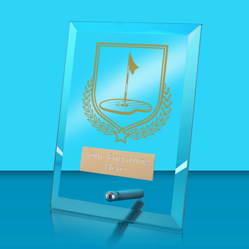 UV Colour Printed Golf Glass Rectangle Award with Metal Pin