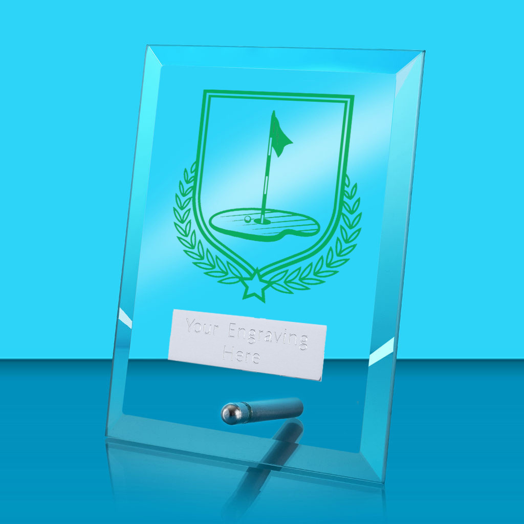 UV Colour Printed Golf Glass Rectangle Award with Metal Pin