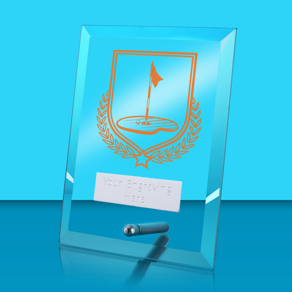 UV Colour Printed Golf Glass Rectangle Award with Metal Pin