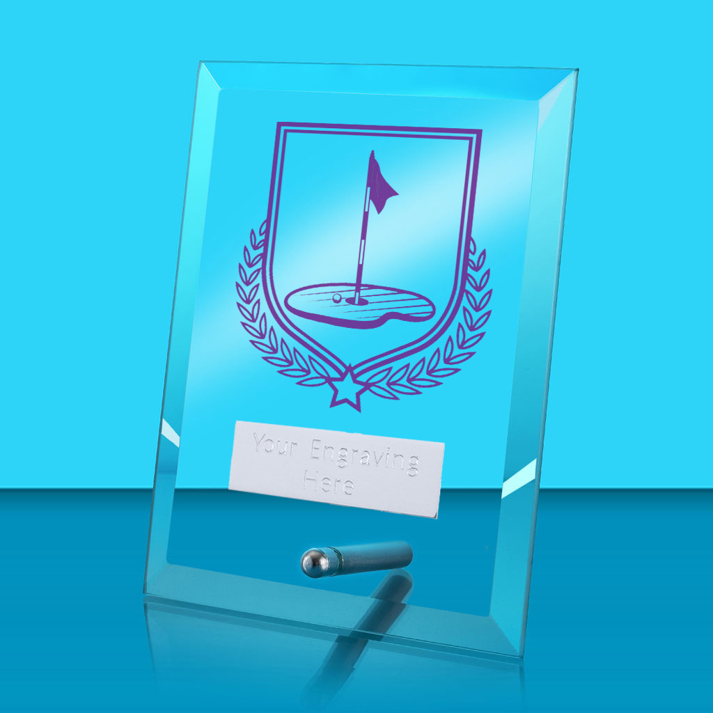 UV Colour Printed Golf Glass Rectangle Award with Metal Pin
