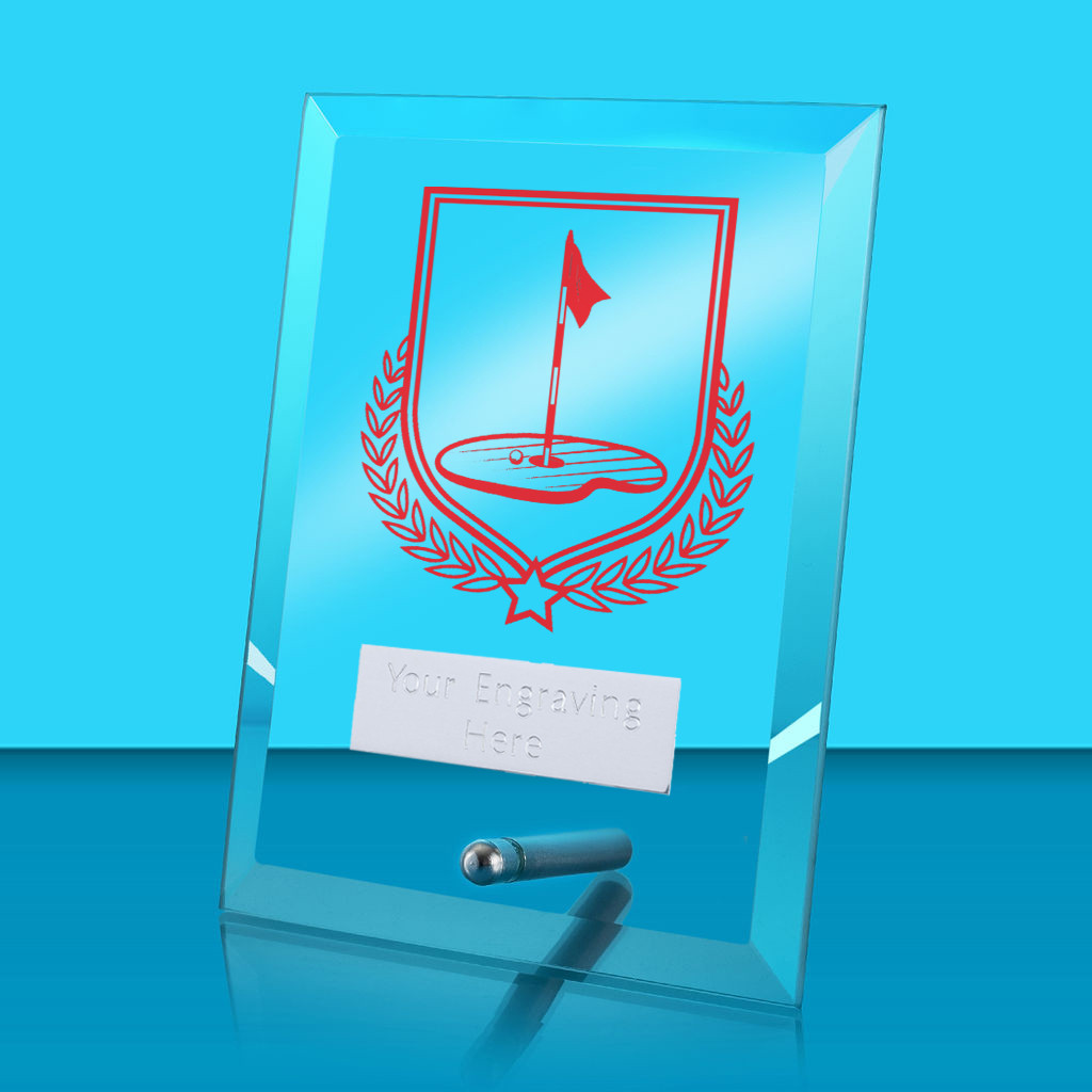 UV Colour Printed Golf Glass Rectangle Award with Metal Pin