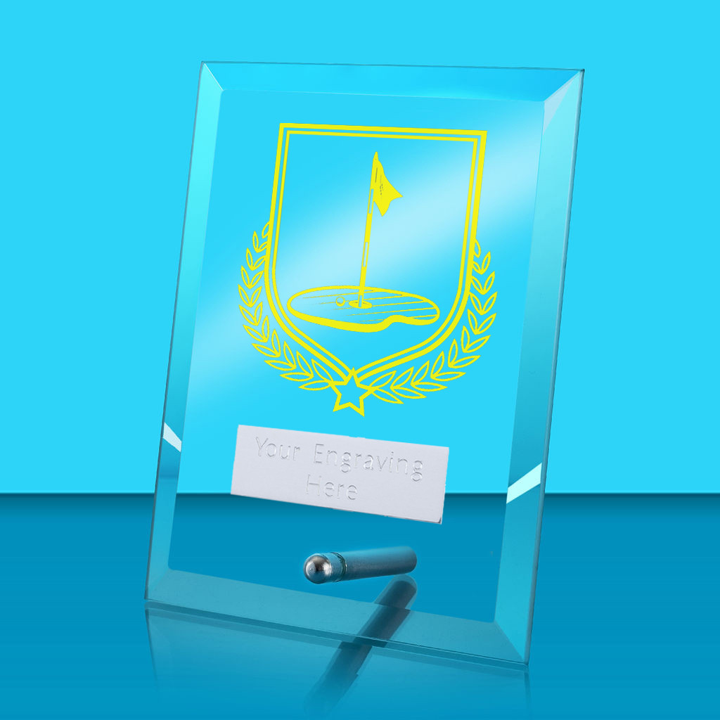 UV Colour Printed Golf Glass Rectangle Award with Metal Pin