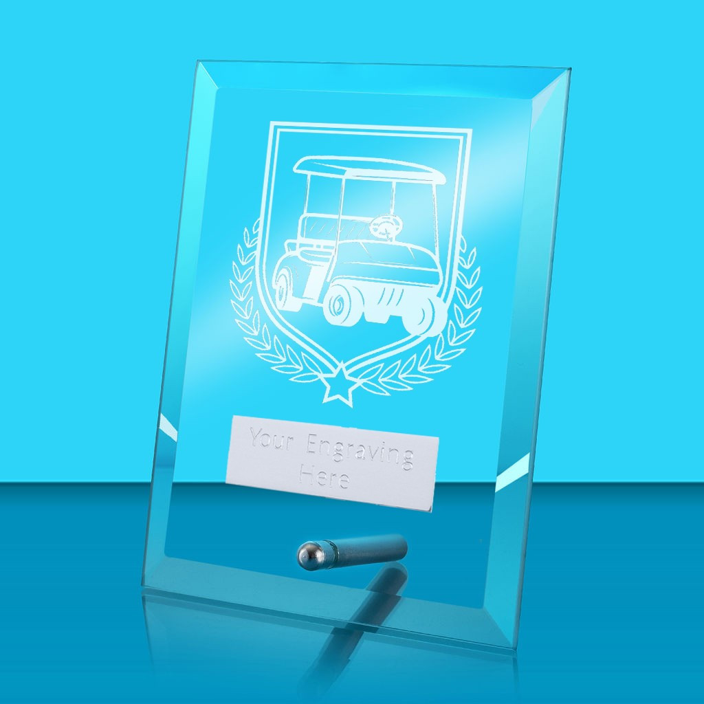 UV Colour Printed Golf Buggy Glass Rectangle Award with Metal Pin