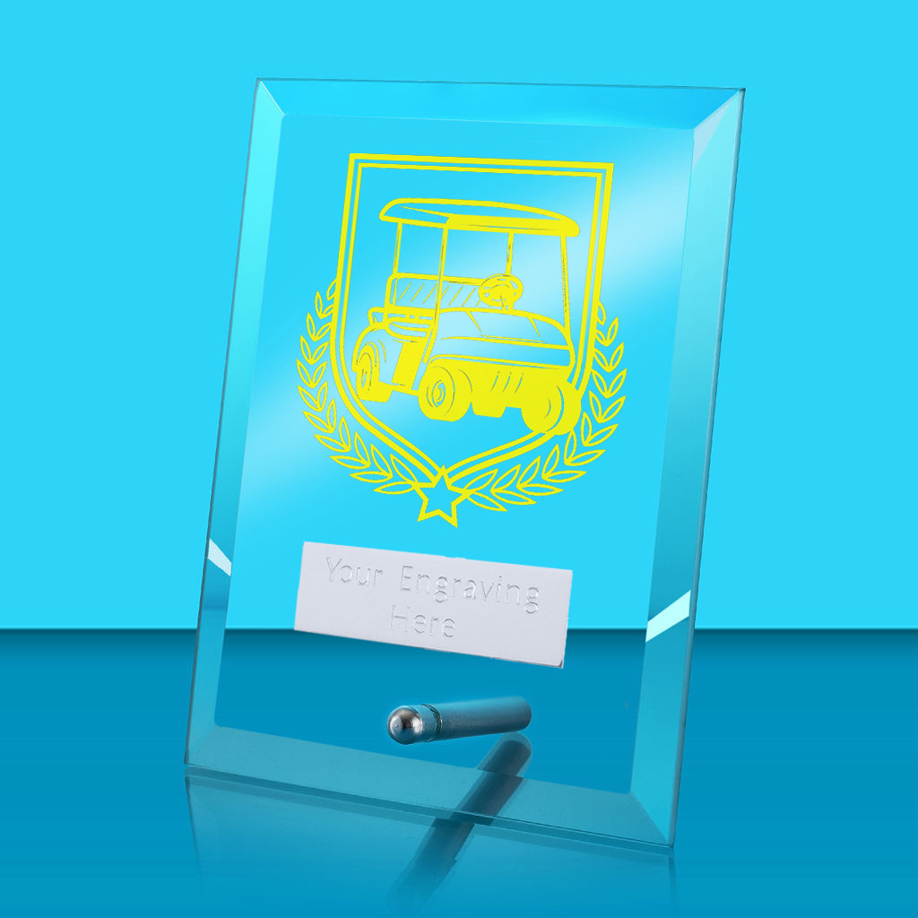 UV Colour Printed Golf Buggy Glass Rectangle Award with Metal Pin