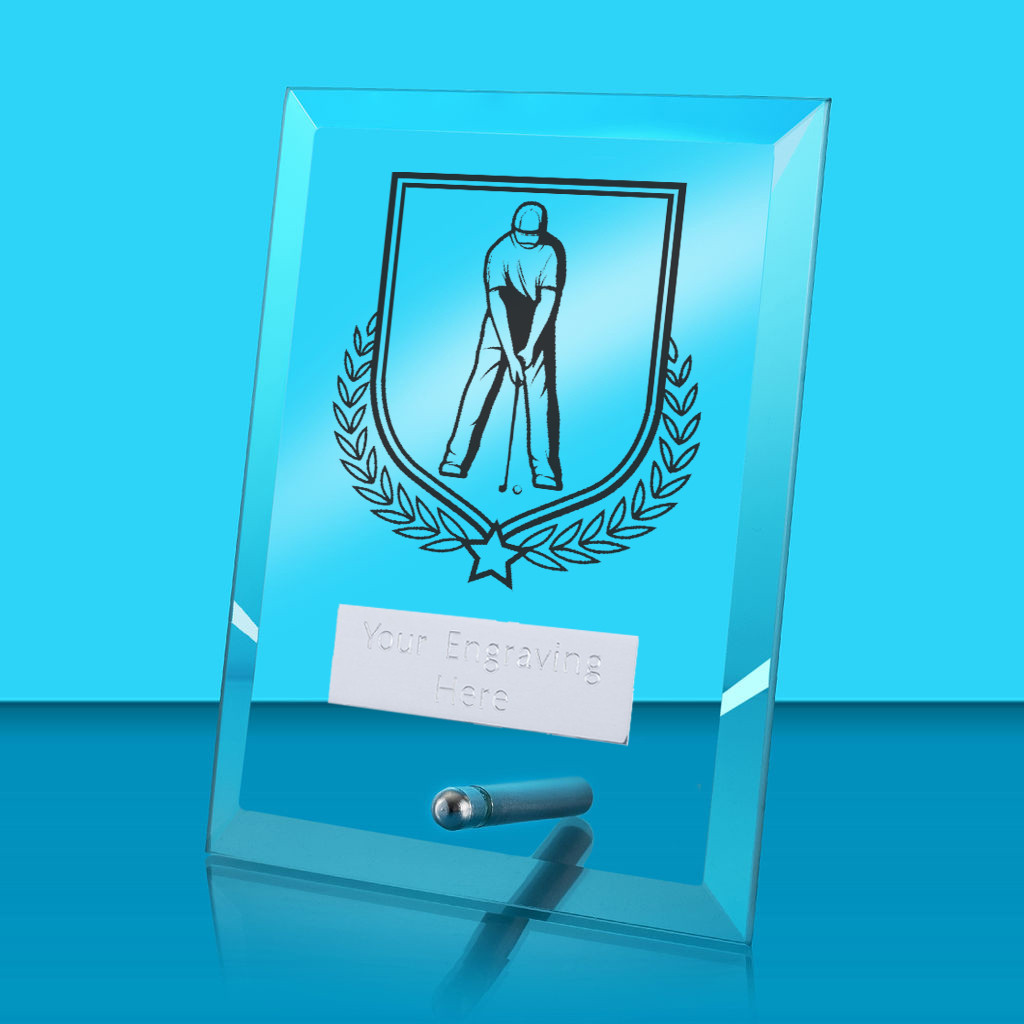 UV Colour Printed Golf Glass Rectangle Award with Metal Pin