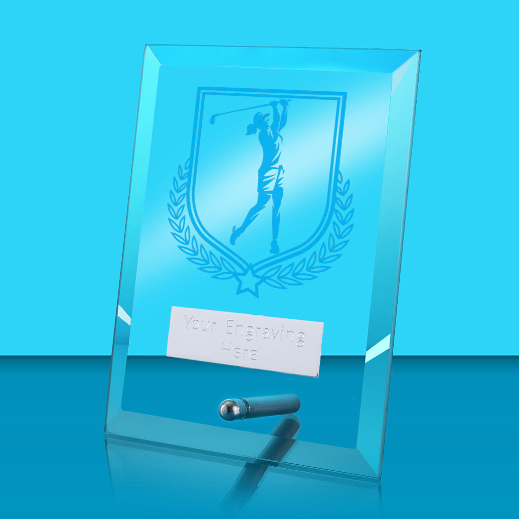 UV Colour Printed Golf Glass Rectangle Award with Metal Pin