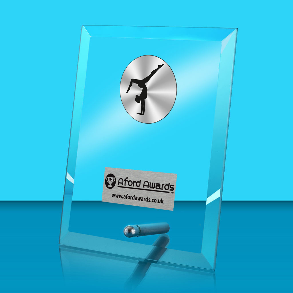 Gymnastics Glass Rectangle Award with Metal Pin