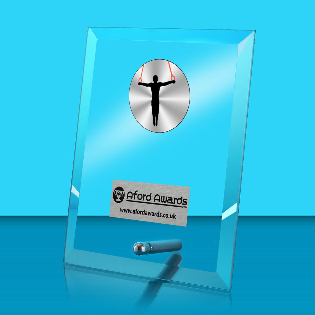 Gymnastics Glass Rectangle Award with Metal Pin