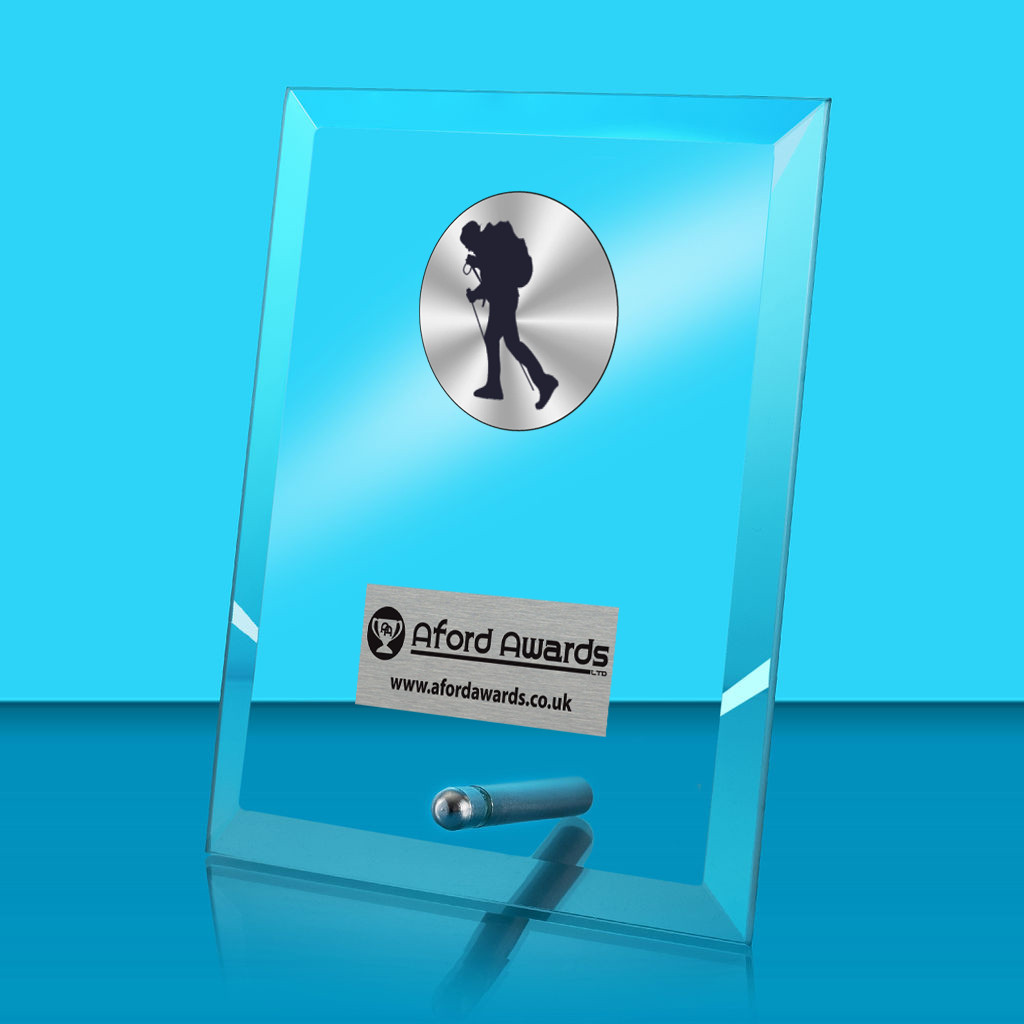 Hiking Glass Rectangle Award with Metal Pin