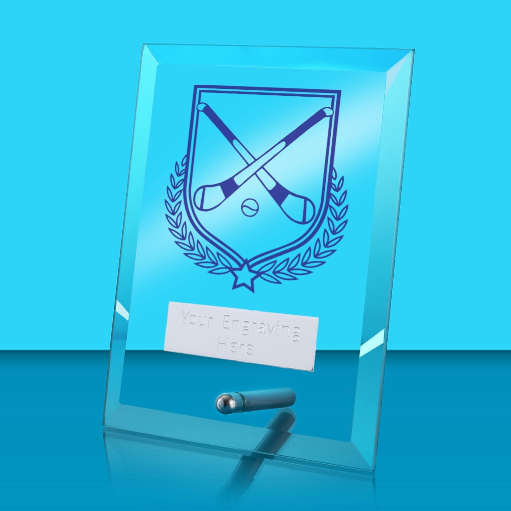 UV Colour Printed Hurling Glass Rectangle Award with Metal Pin
