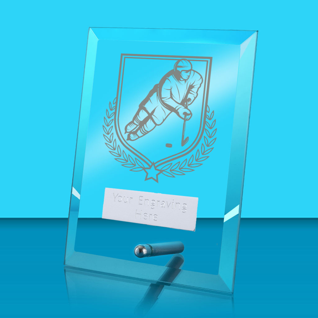 UV Colour Printed Ice Hockey Glass Rectangle Award with Metal Pin