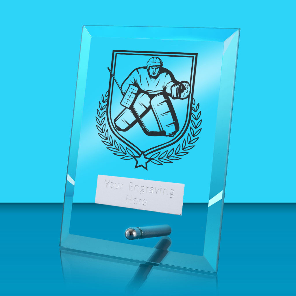 UV Colour Printed Ice Hockey Glass Rectangle Award with Metal Pin
