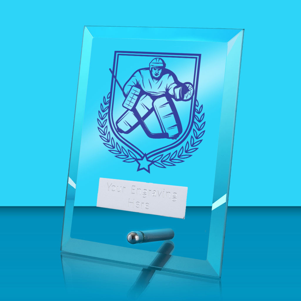 UV Colour Printed Ice Hockey Glass Rectangle Award with Metal Pin