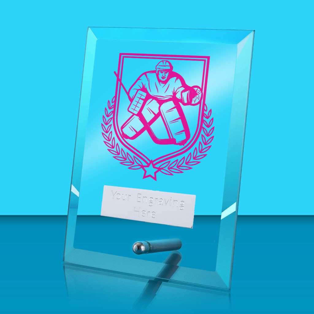 UV Colour Printed Ice Hockey Glass Rectangle Award with Metal Pin
