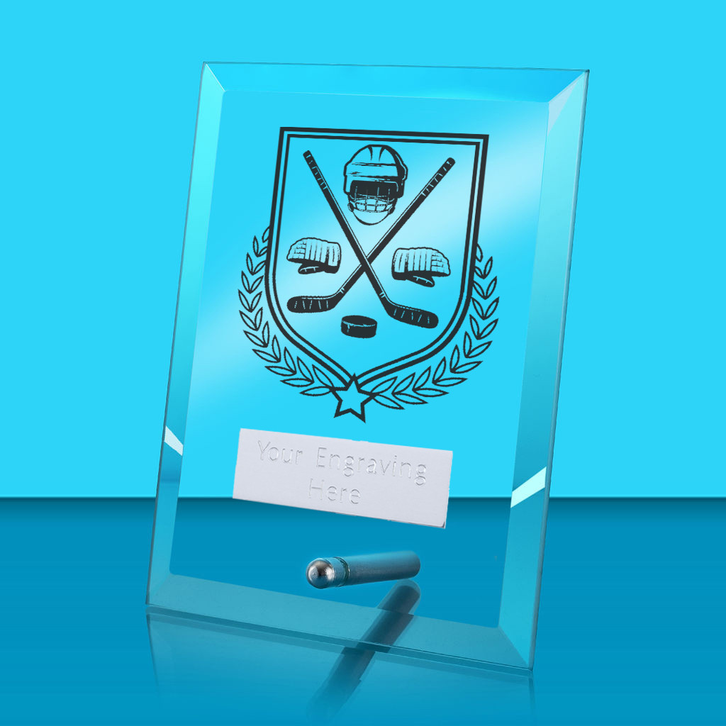 UV Colour Printed Ice Hockey Glass Rectangle Award with Metal Pin