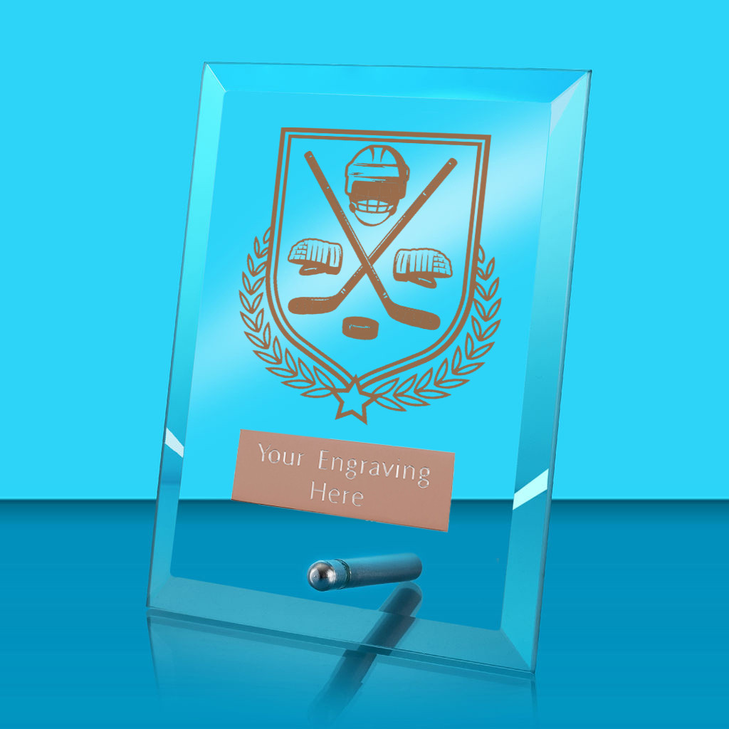 UV Colour Printed Ice Hockey Glass Rectangle Award with Metal Pin