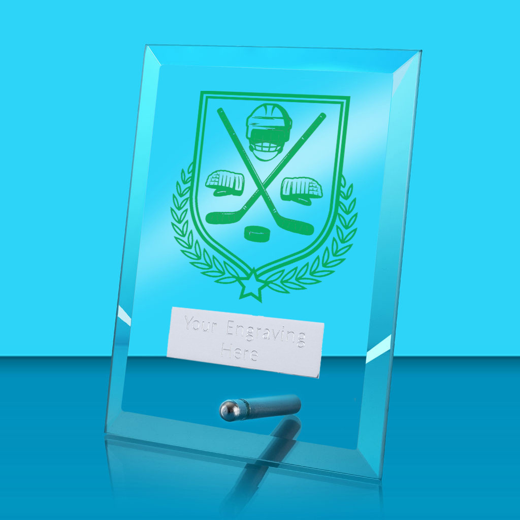 UV Colour Printed Ice Hockey Glass Rectangle Award with Metal Pin