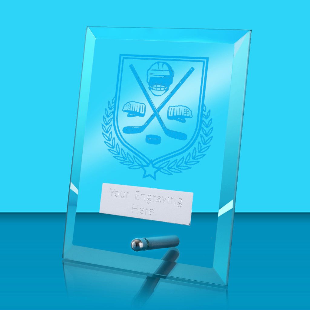 UV Colour Printed Ice Hockey Glass Rectangle Award with Metal Pin