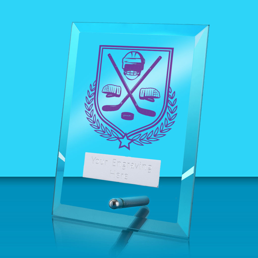 UV Colour Printed Ice Hockey Glass Rectangle Award with Metal Pin