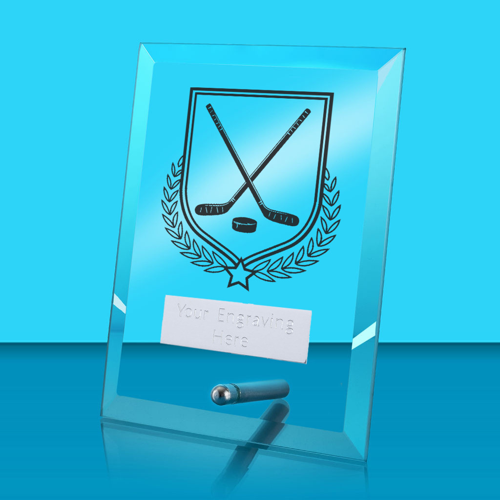 UV Colour Printed Ice Hockey Glass Rectangle Award with Metal Pin