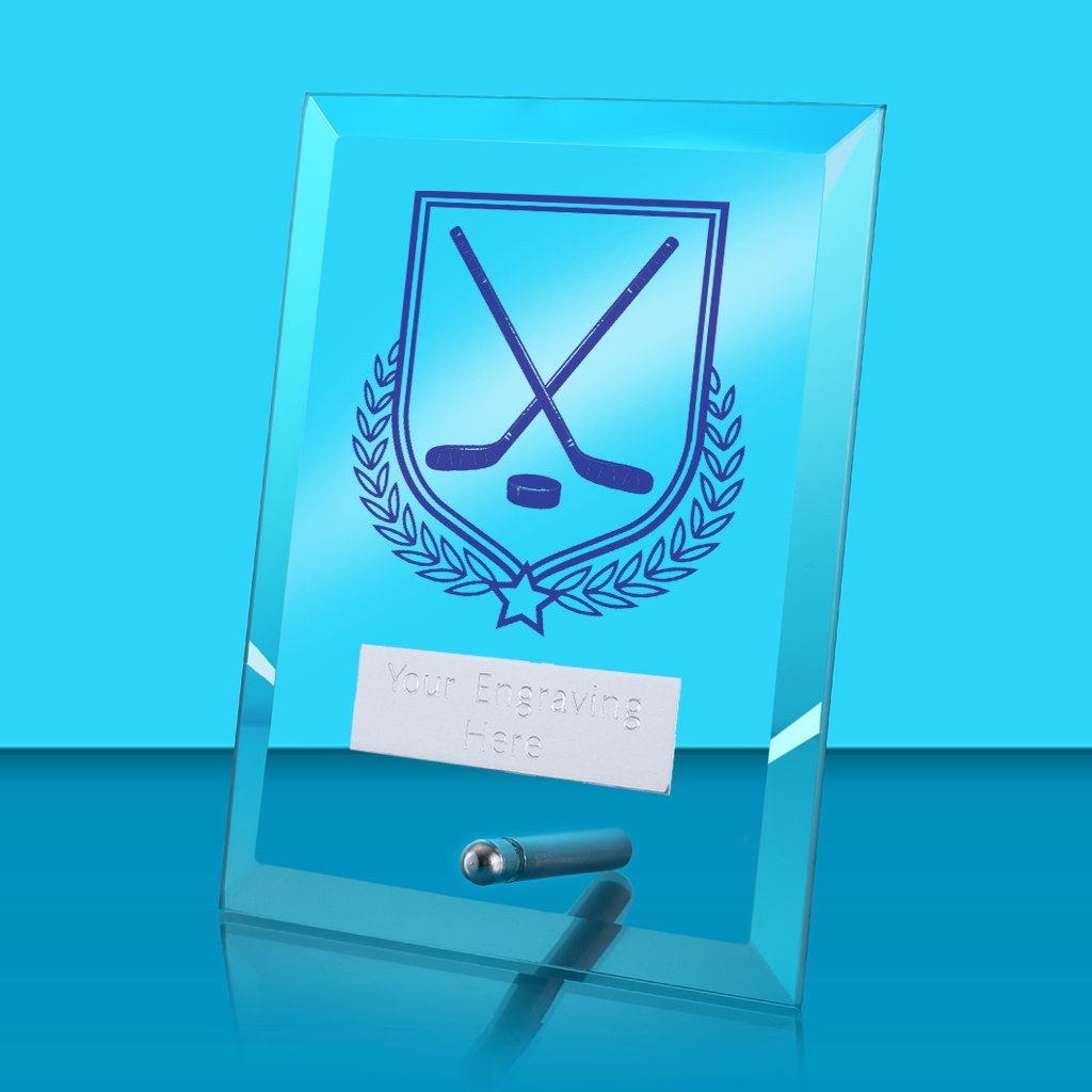 UV Colour Printed Ice Hockey Glass Rectangle Award with Metal Pin