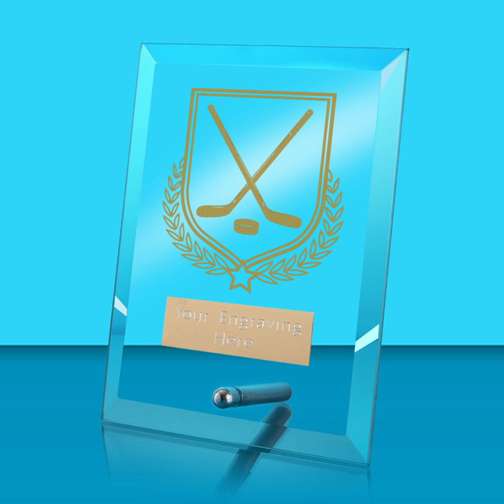 UV Colour Printed Ice Hockey Glass Rectangle Award with Metal Pin