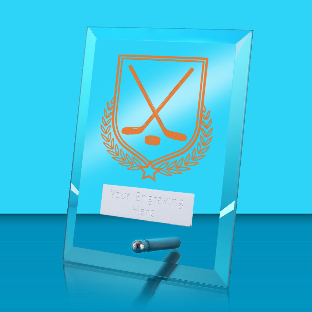 UV Colour Printed Ice Hockey Glass Rectangle Award with Metal Pin