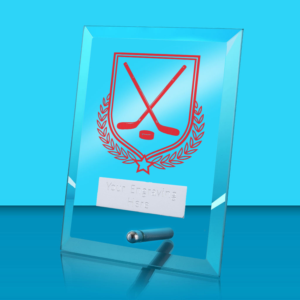UV Colour Printed Ice Hockey Glass Rectangle Award with Metal Pin
