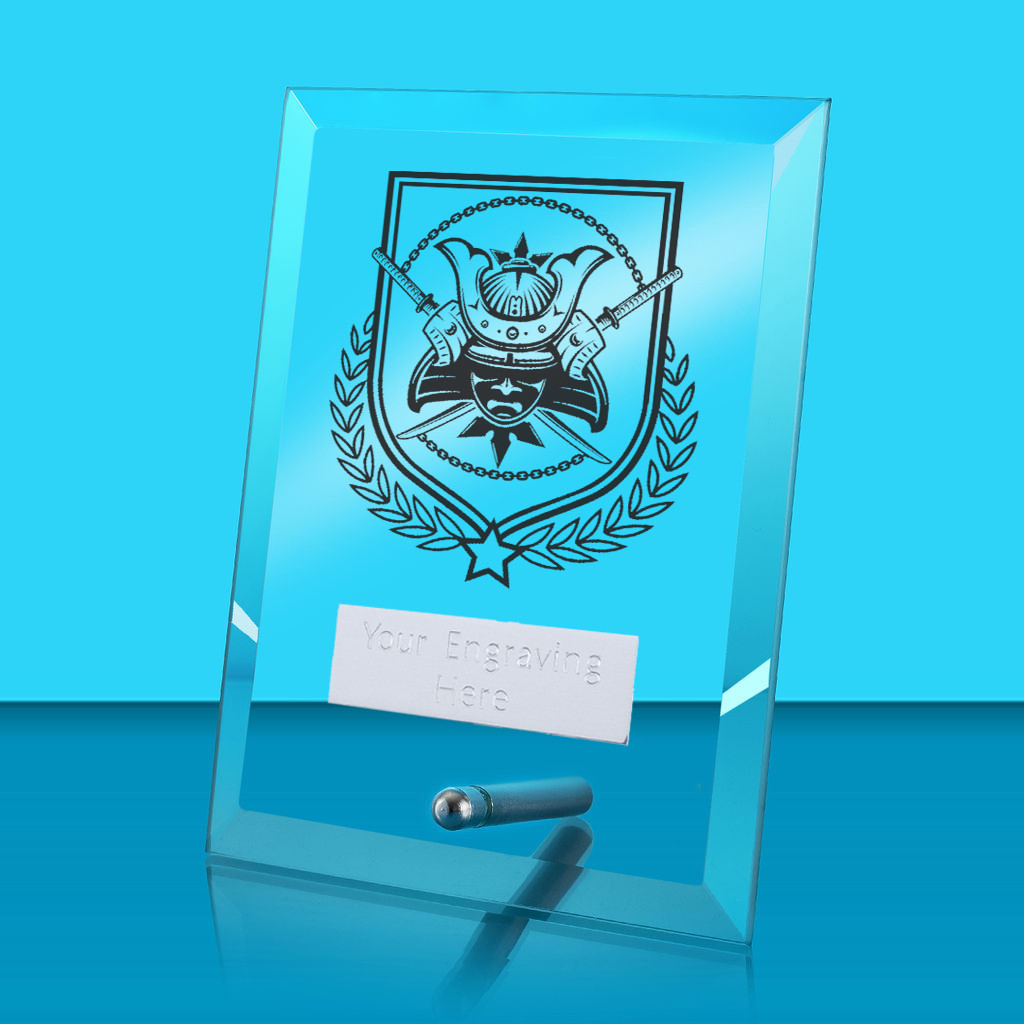 UV Colour Printed Martial Arts Glass Rectangle Award with Metal Pin