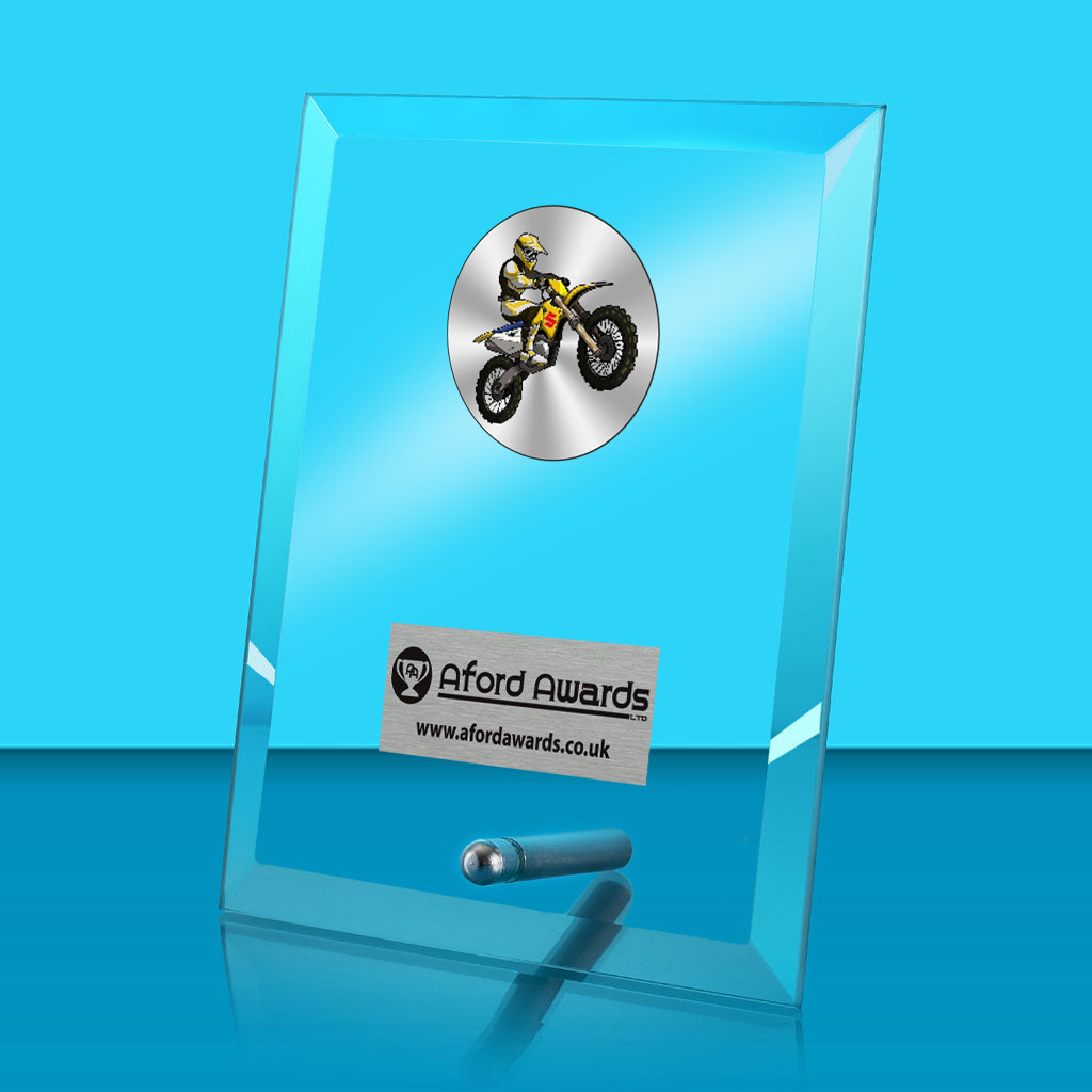 Motocross Glass Rectangle Award with Metal Pin