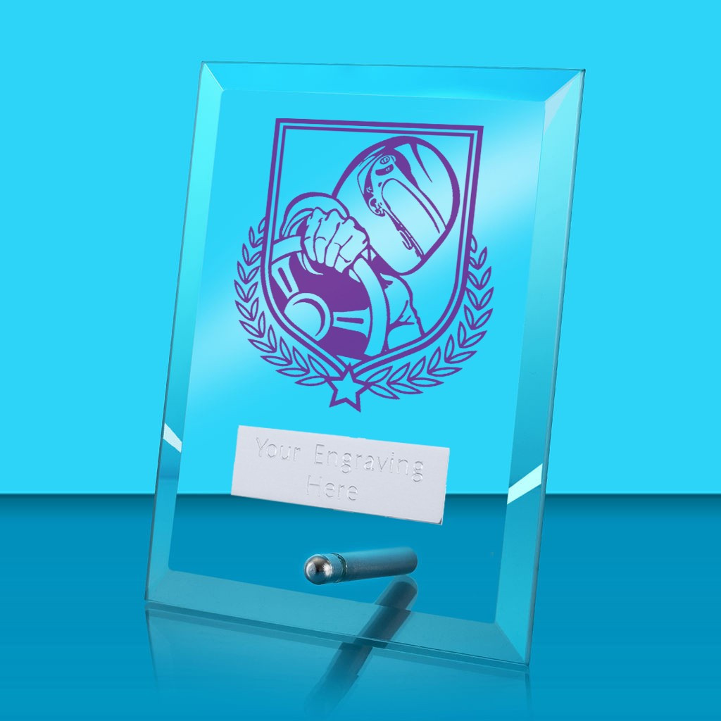 UV Colour Printed Motorsport Glass Rectangle Award with Metal Pin