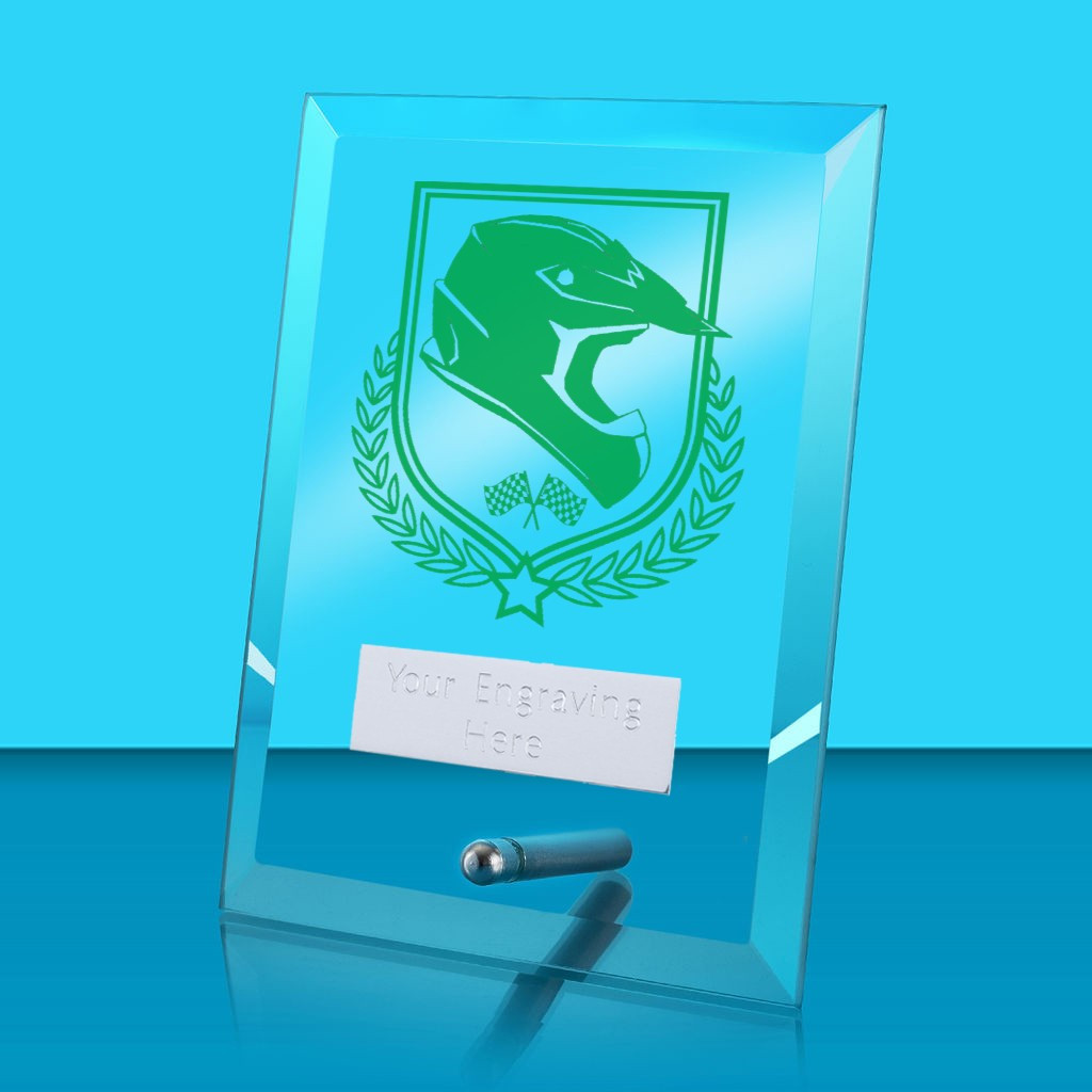 UV Colour Printed Motorsport Glass Rectangle Award with Metal Pin