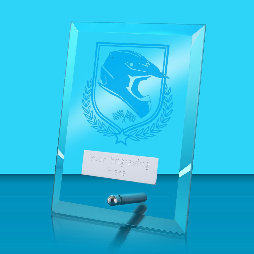 UV Colour Printed Motorsport Glass Rectangle Award with Metal Pin