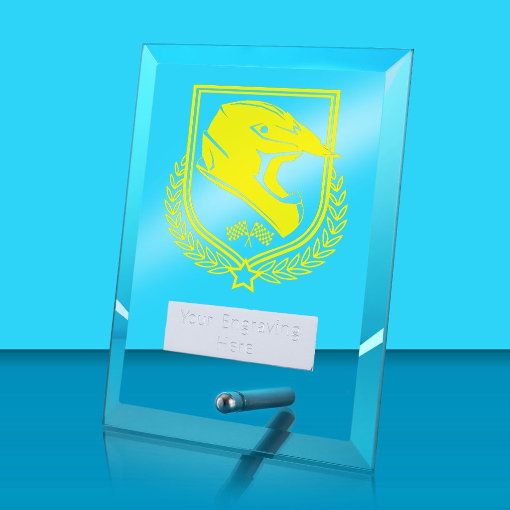 UV Colour Printed Motorsport Glass Rectangle Award with Metal Pin
