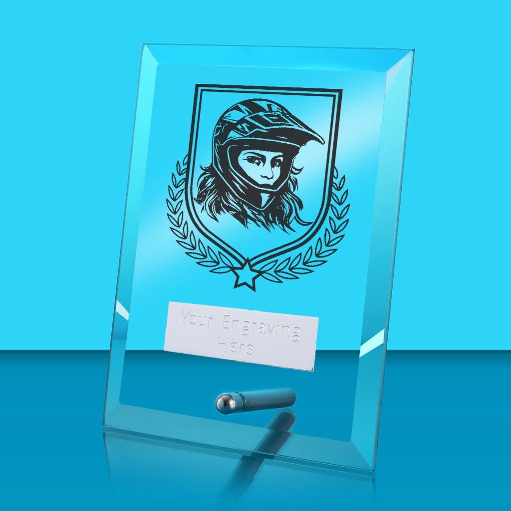 UV Colour Printed Motorsport Glass Rectangle Award with Metal Pin