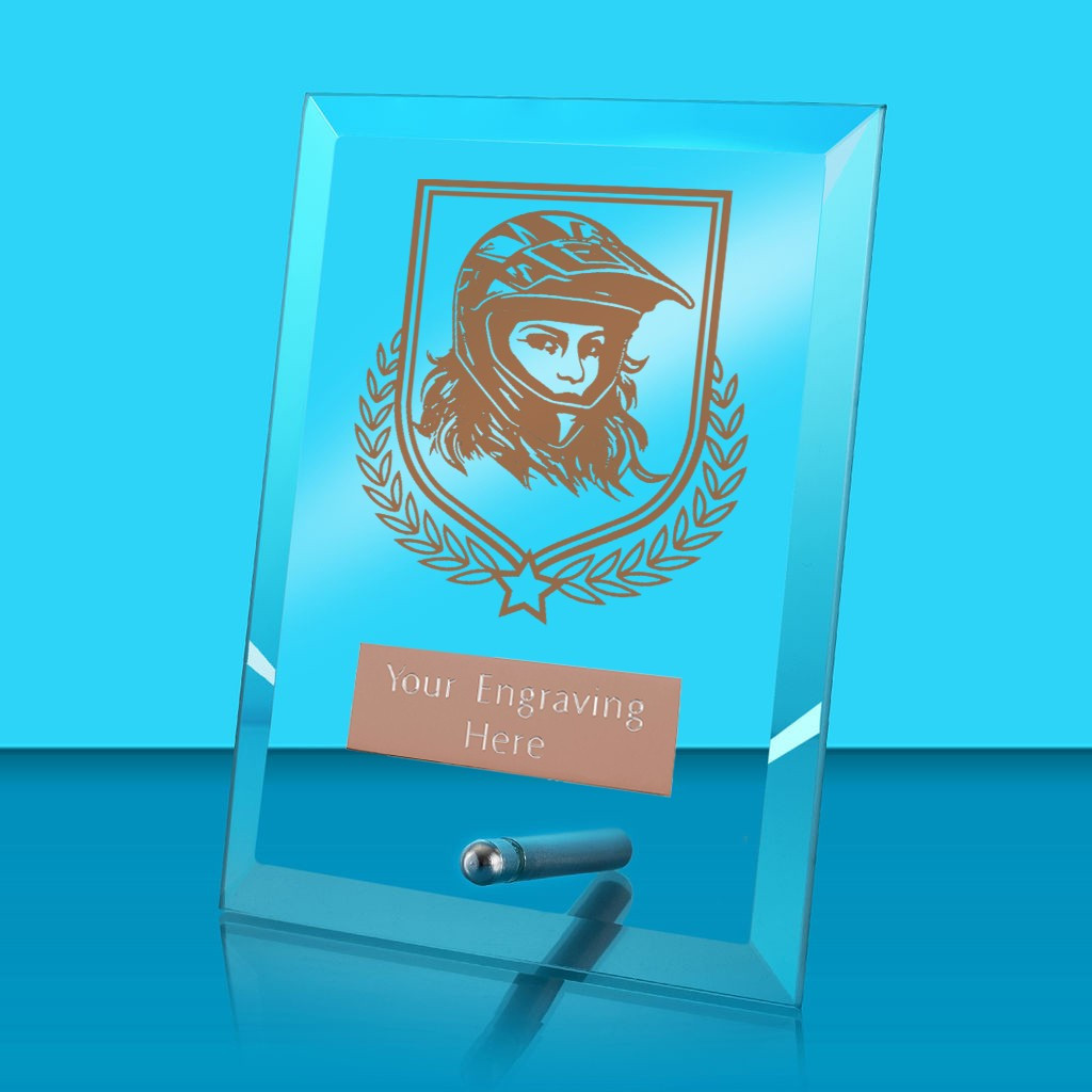 UV Colour Printed Motorsport Glass Rectangle Award with Metal Pin