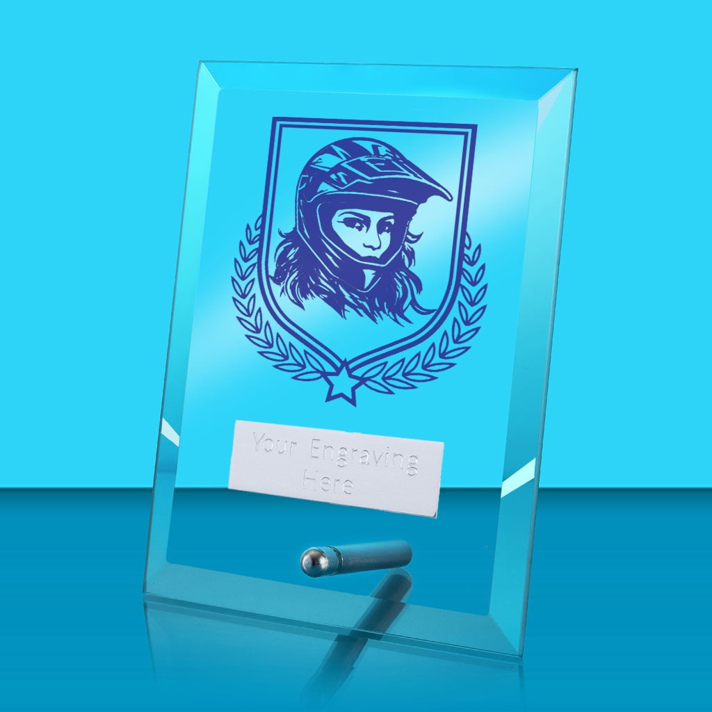 UV Colour Printed Motorsport Glass Rectangle Award with Metal Pin