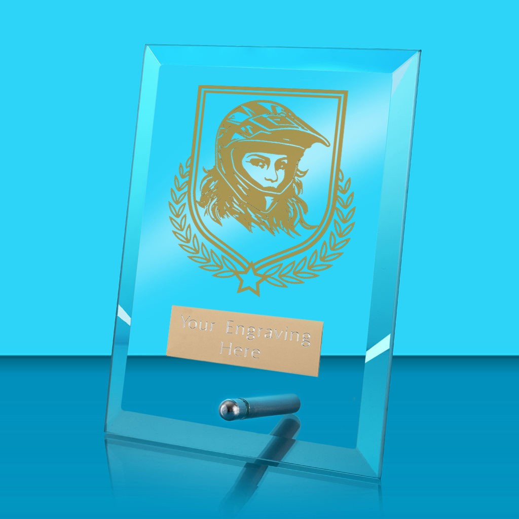 UV Colour Printed Motorsport Glass Rectangle Award with Metal Pin