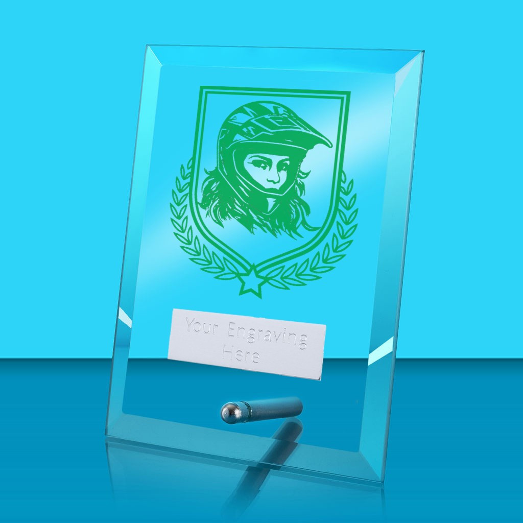 UV Colour Printed Motorsport Glass Rectangle Award with Metal Pin