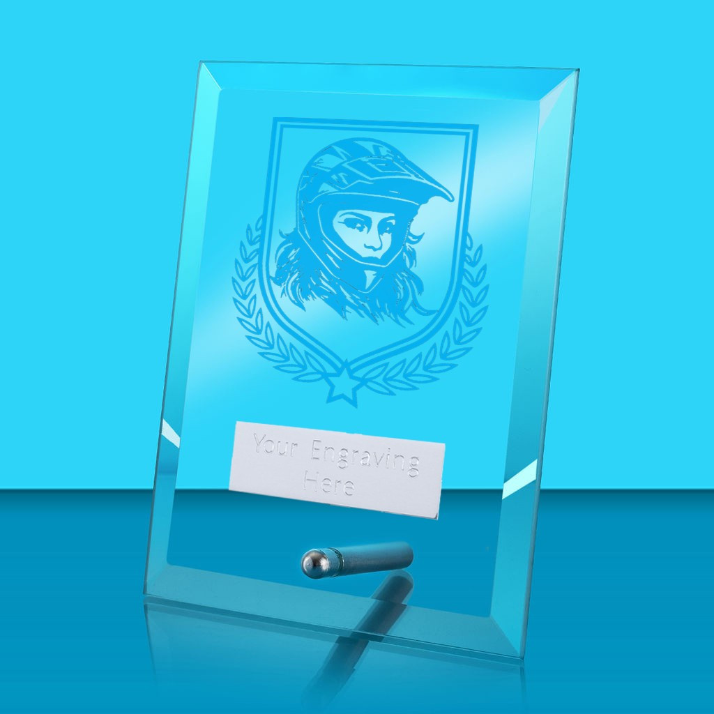 UV Colour Printed Motorsport Glass Rectangle Award with Metal Pin