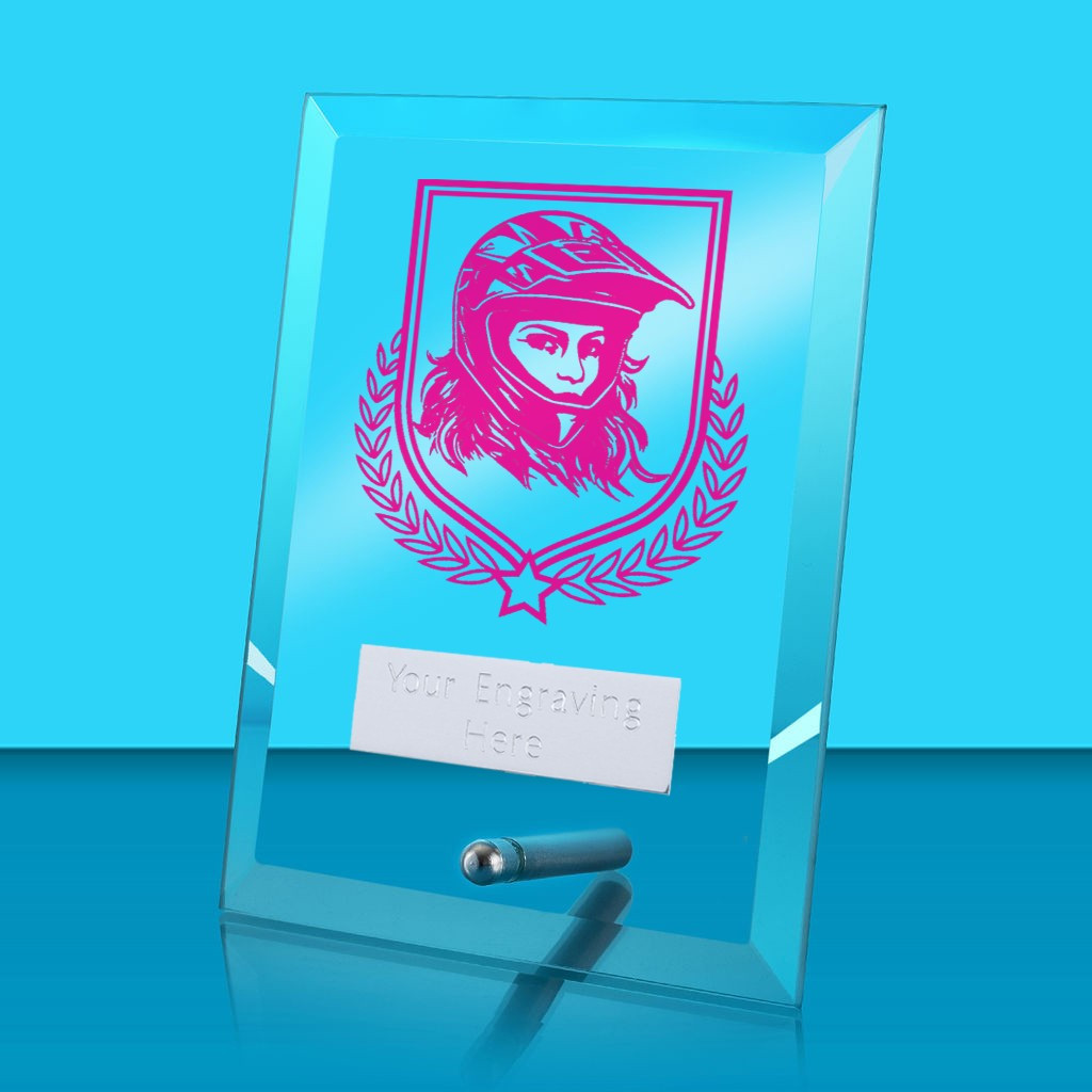 UV Colour Printed Motorsport Glass Rectangle Award with Metal Pin
