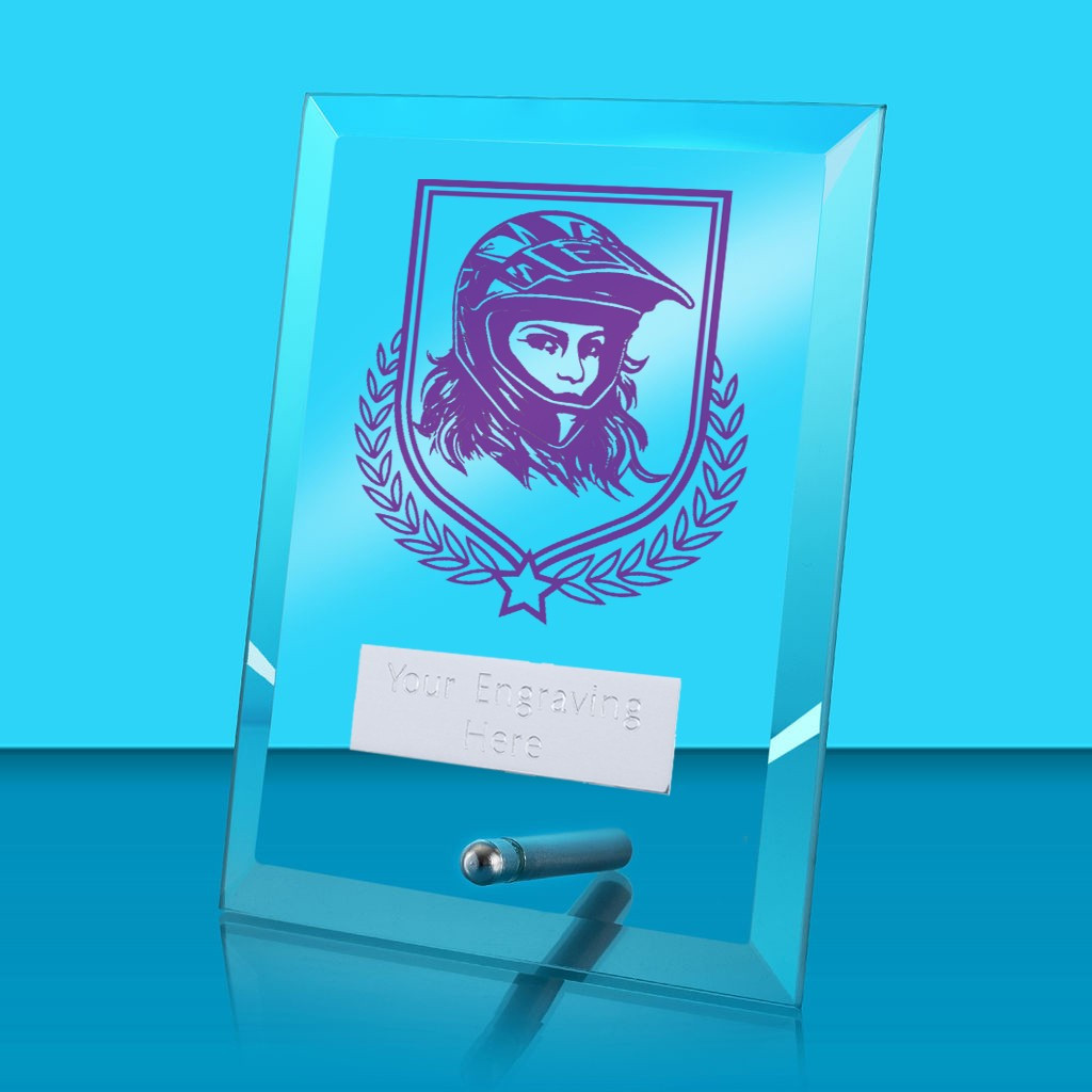 UV Colour Printed Motorsport Glass Rectangle Award with Metal Pin
