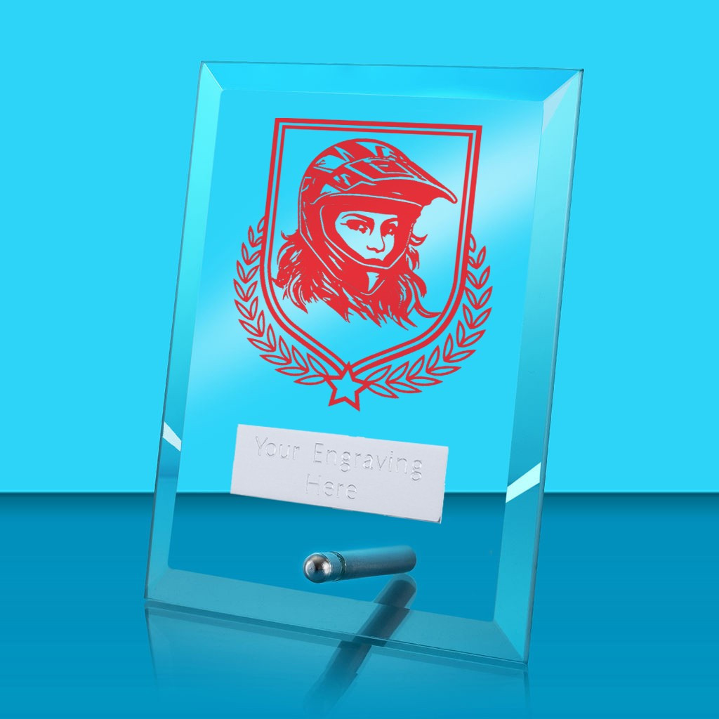 UV Colour Printed Motorsport Glass Rectangle Award with Metal Pin