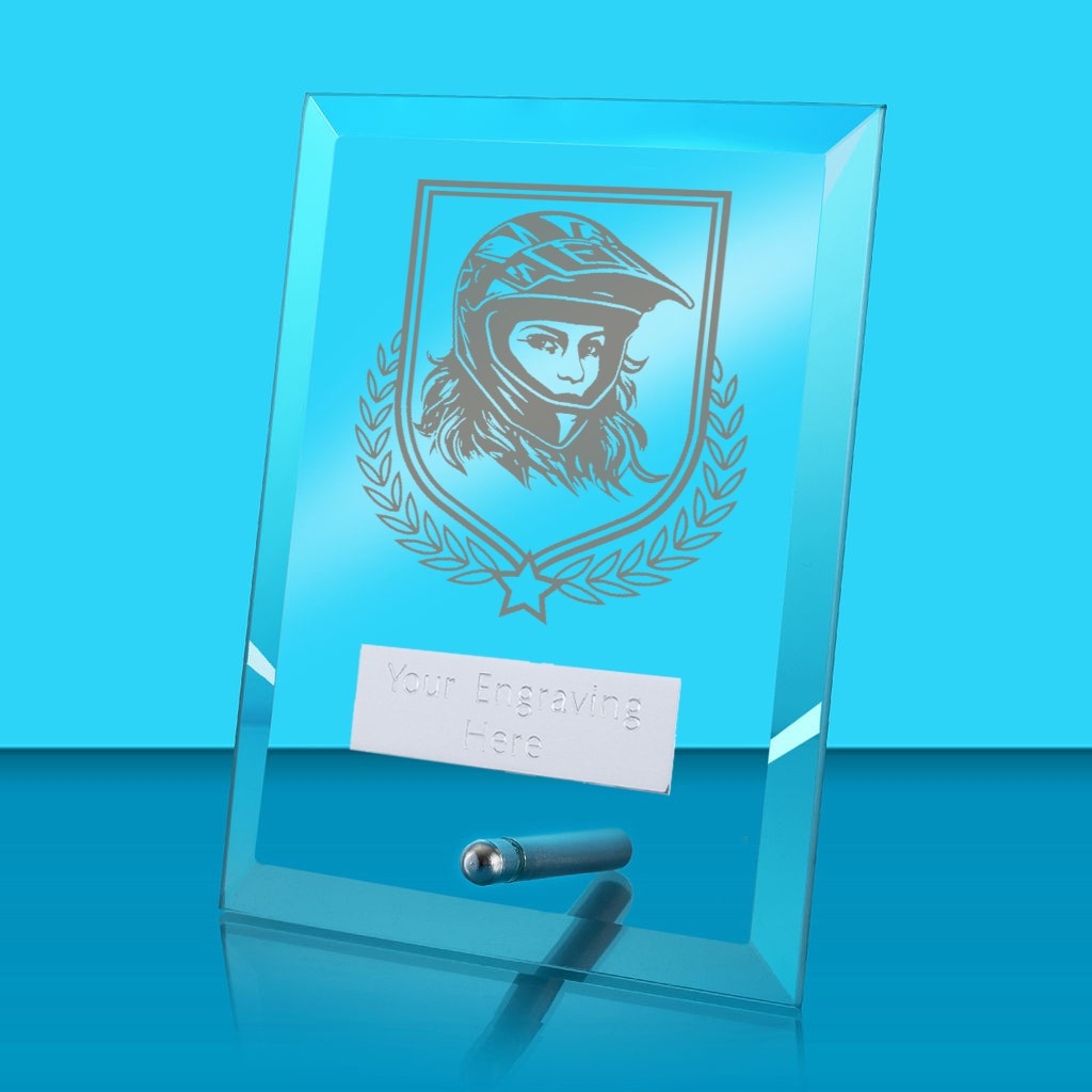 UV Colour Printed Motorsport Glass Rectangle Award with Metal Pin