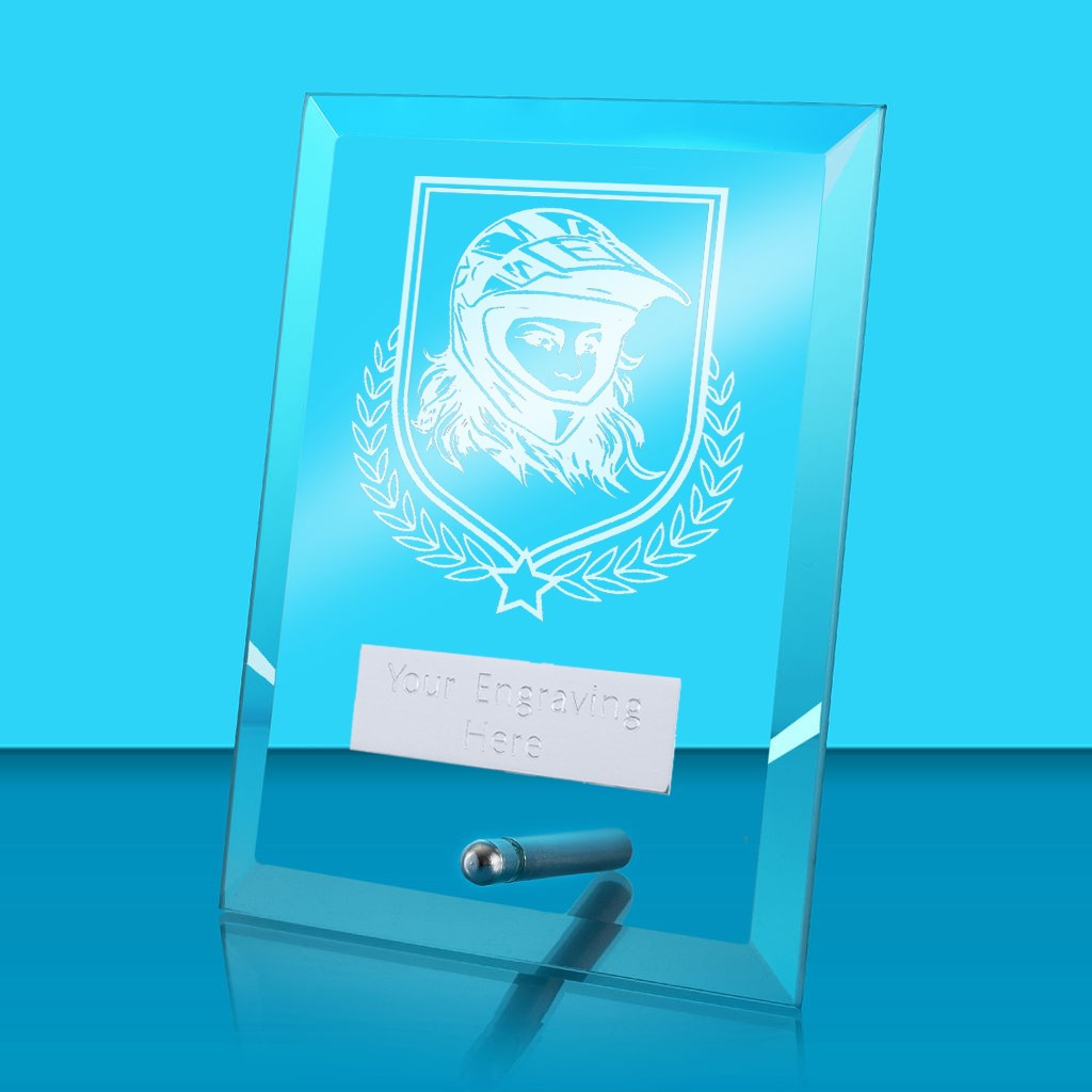 UV Colour Printed Motorsport Glass Rectangle Award with Metal Pin