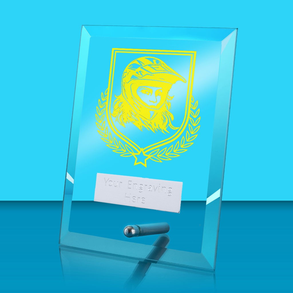 UV Colour Printed Motorsport Glass Rectangle Award with Metal Pin