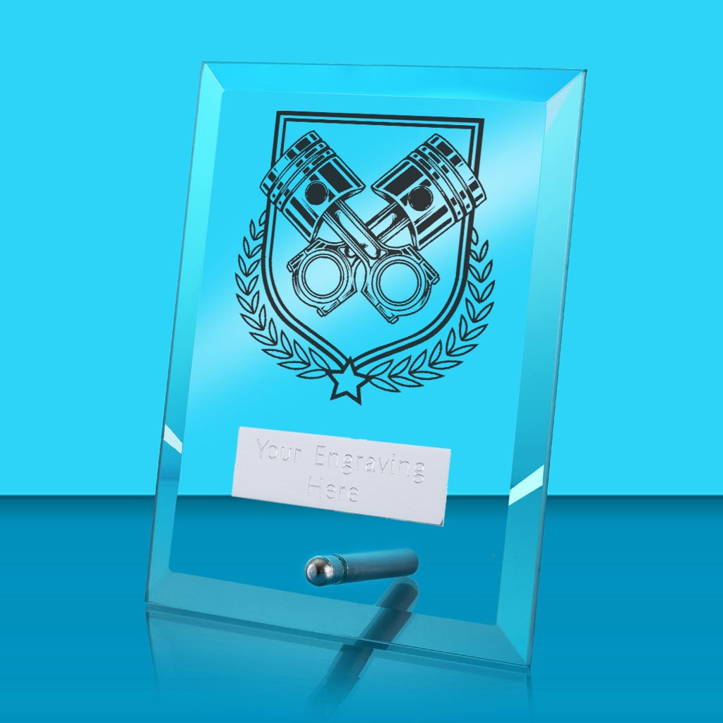 UV Colour Printed Motorsport Glass Rectangle Award with Metal Pin